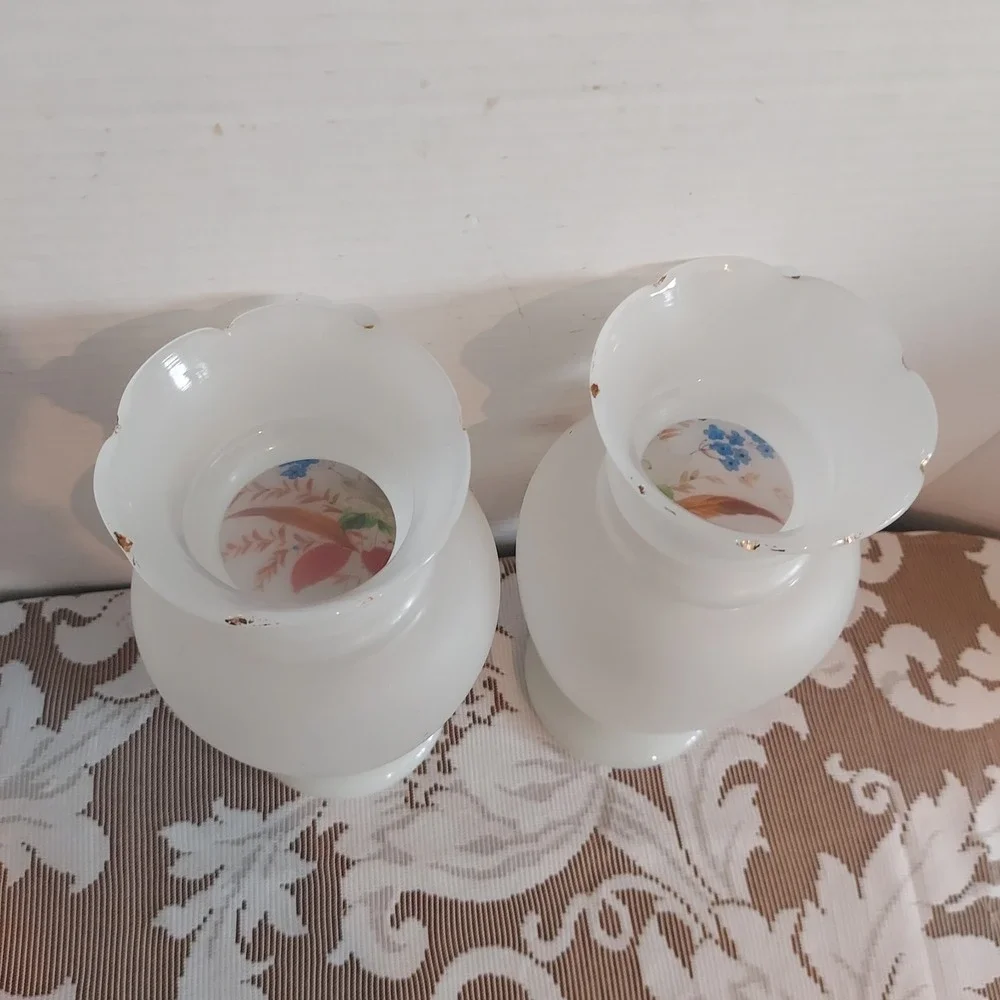 Vintage Bristol Satin Milk Glass Floral Vases Set of 2 Hand Painted Gold Trim 9